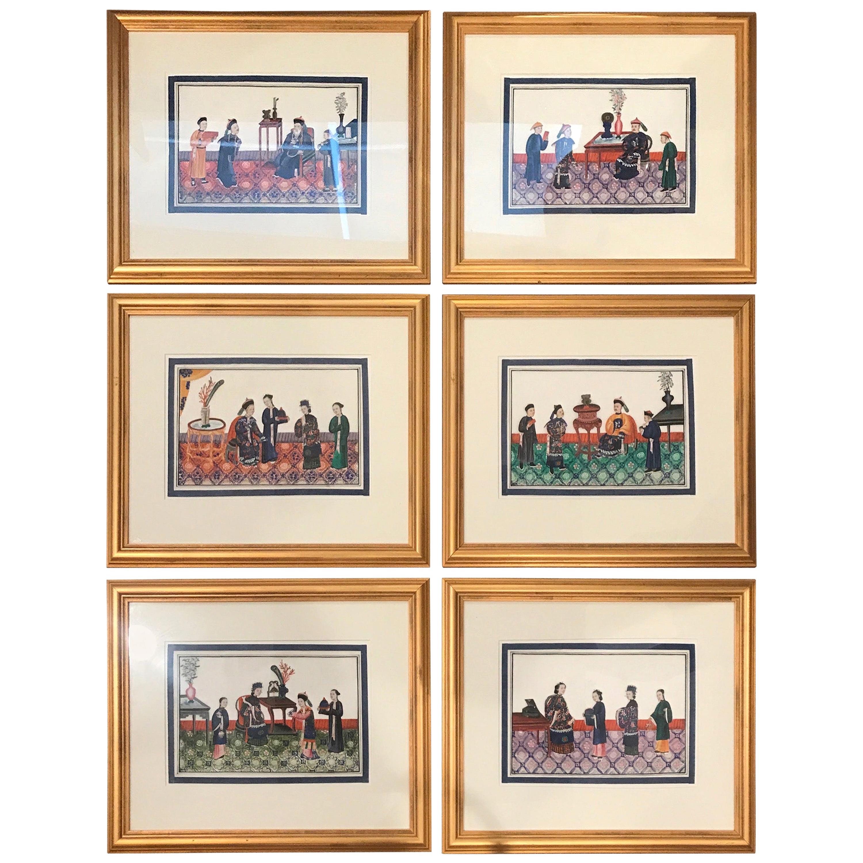 Set of 6 Framed Gouache Paintings on Pith Paper, China, 1850