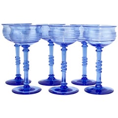 Set of 6 Frederick Carder Steuben French Blue Reeded Wine or Cocktail Glasses