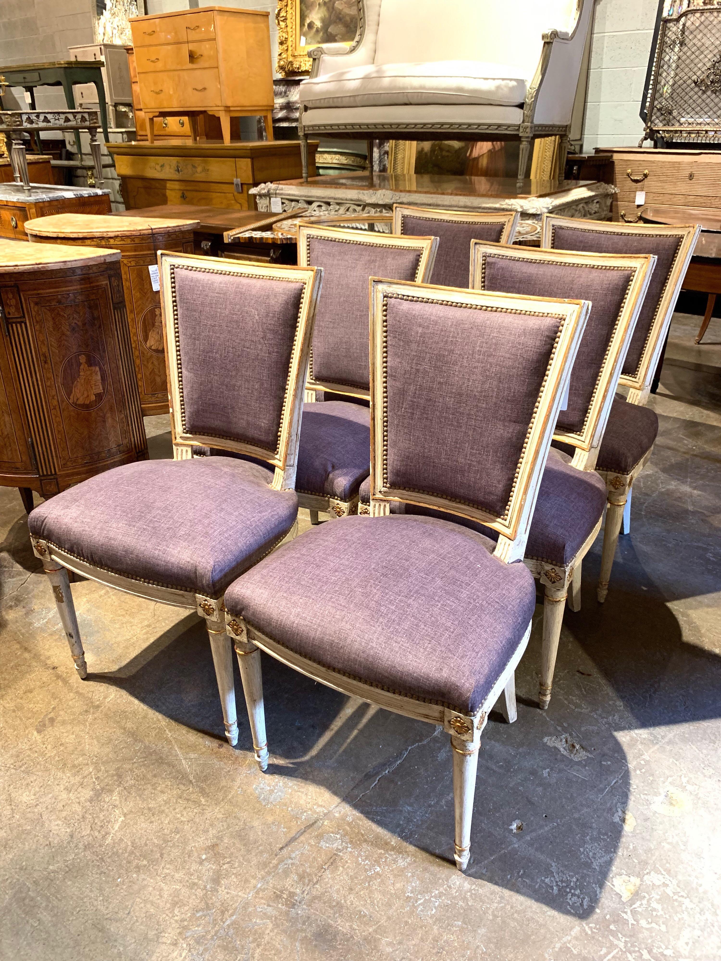 Beautiful set of 6 Jansen style lacquered dining chairs upholstered in purple velvet. Very nice look for a dining table and comfortable as well.