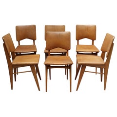 Set of 6 French 1950s Cherry and Leather Chairs by Jean Souvrain