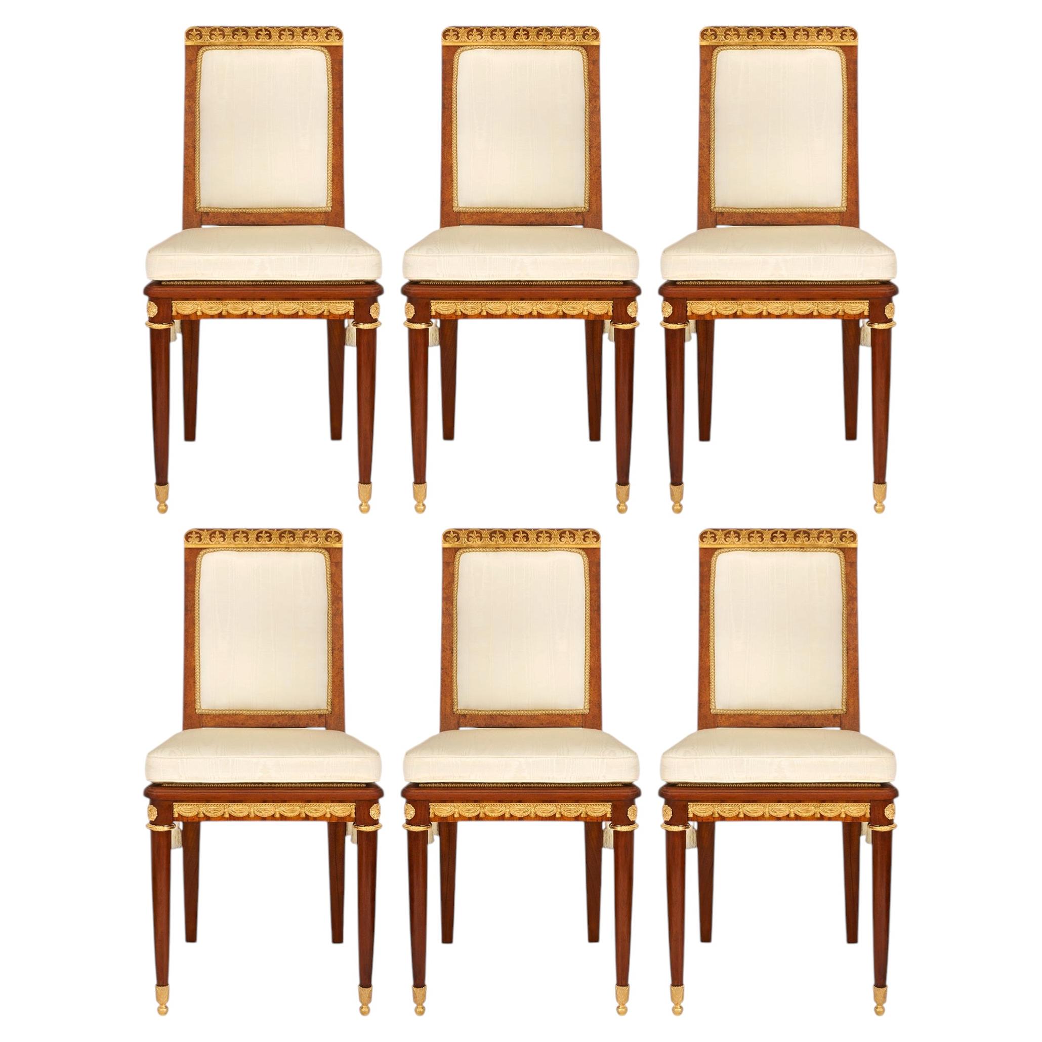 Set of 6 French 19th century Mahogany, Walnut & Ormolu dining Chairs For Sale