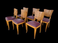 Set of Six French Art Deco Chairs, Burl Wood & Leather, Circa 1930s