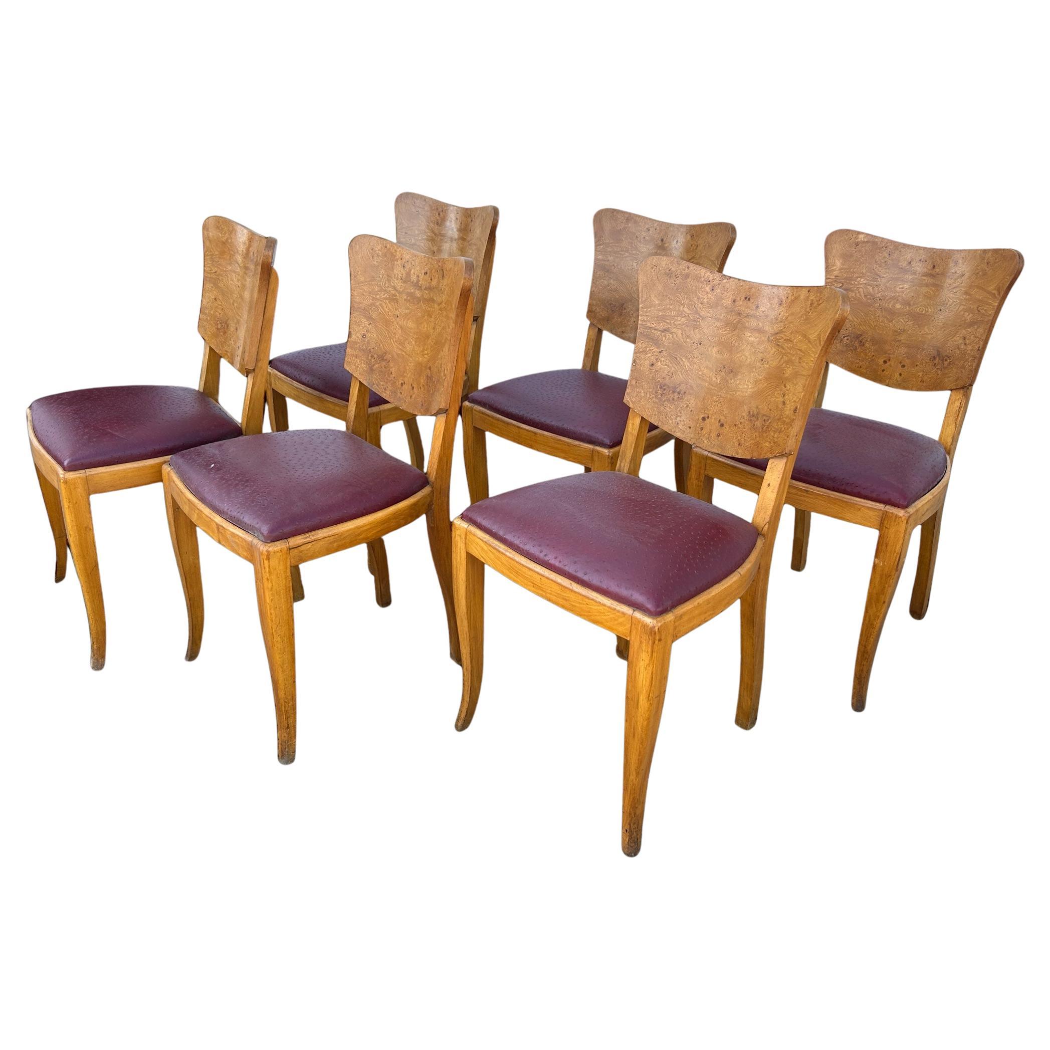 set of 6 french art deco chairs in burl