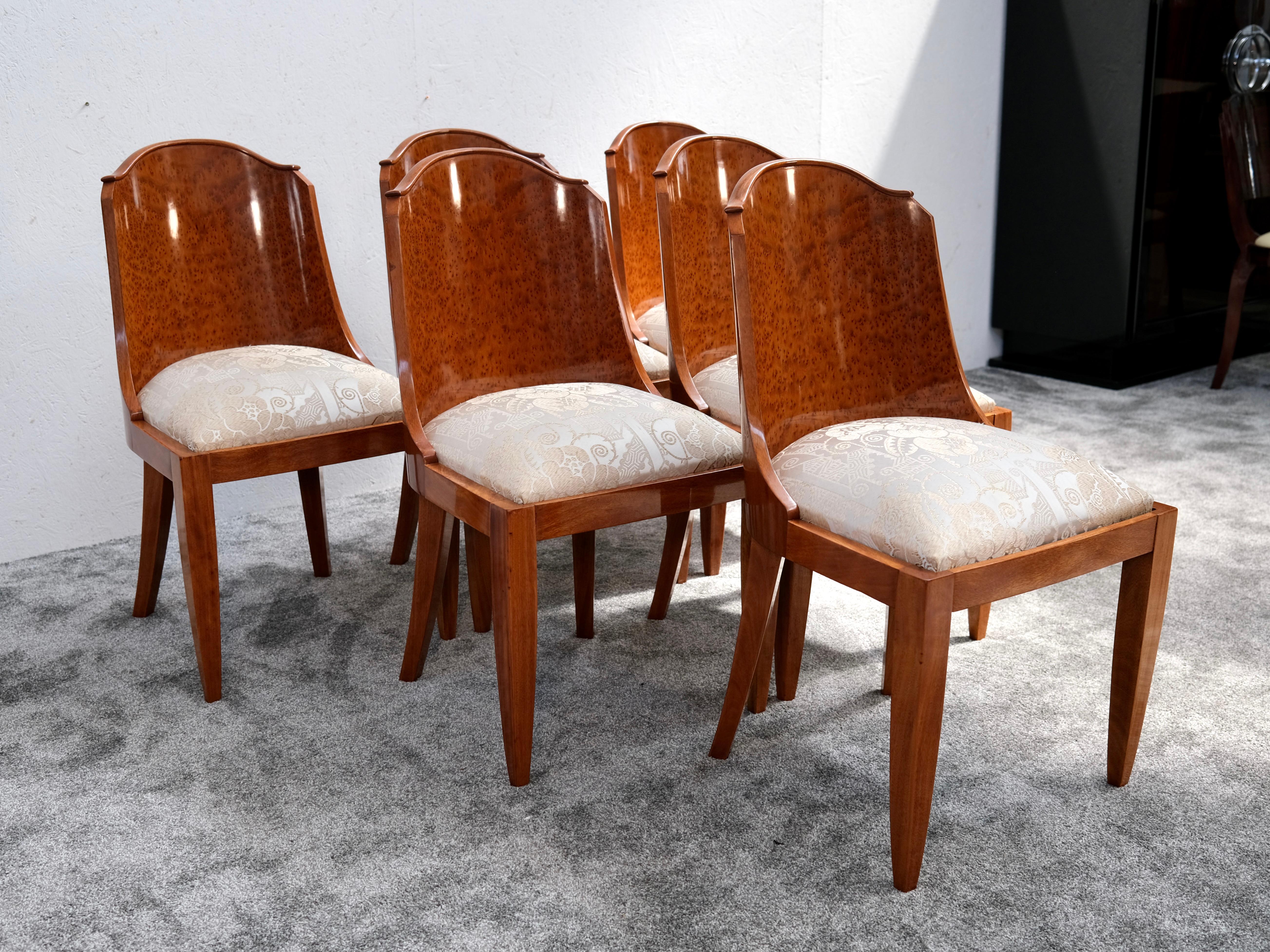 Francese Set di 6 sedie francesi Art Déco in legno di Thuja e noce con seduta a motivi, anni '30 in vendita