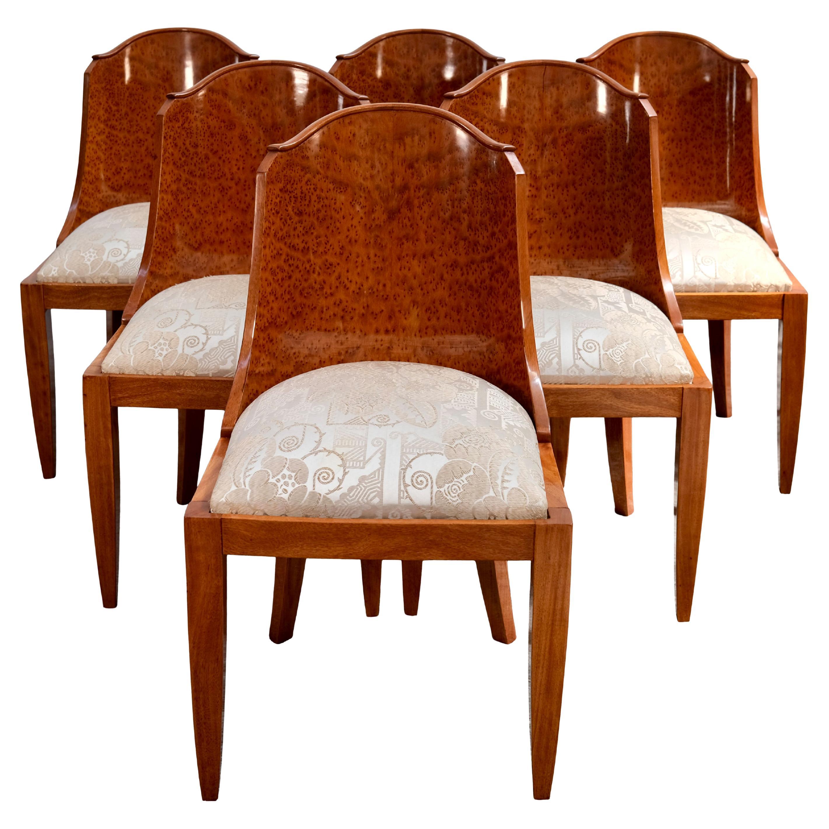 Set di 6 sedie francesi Art Déco in legno di Thuja e noce con seduta a motivi, anni '30 in vendita