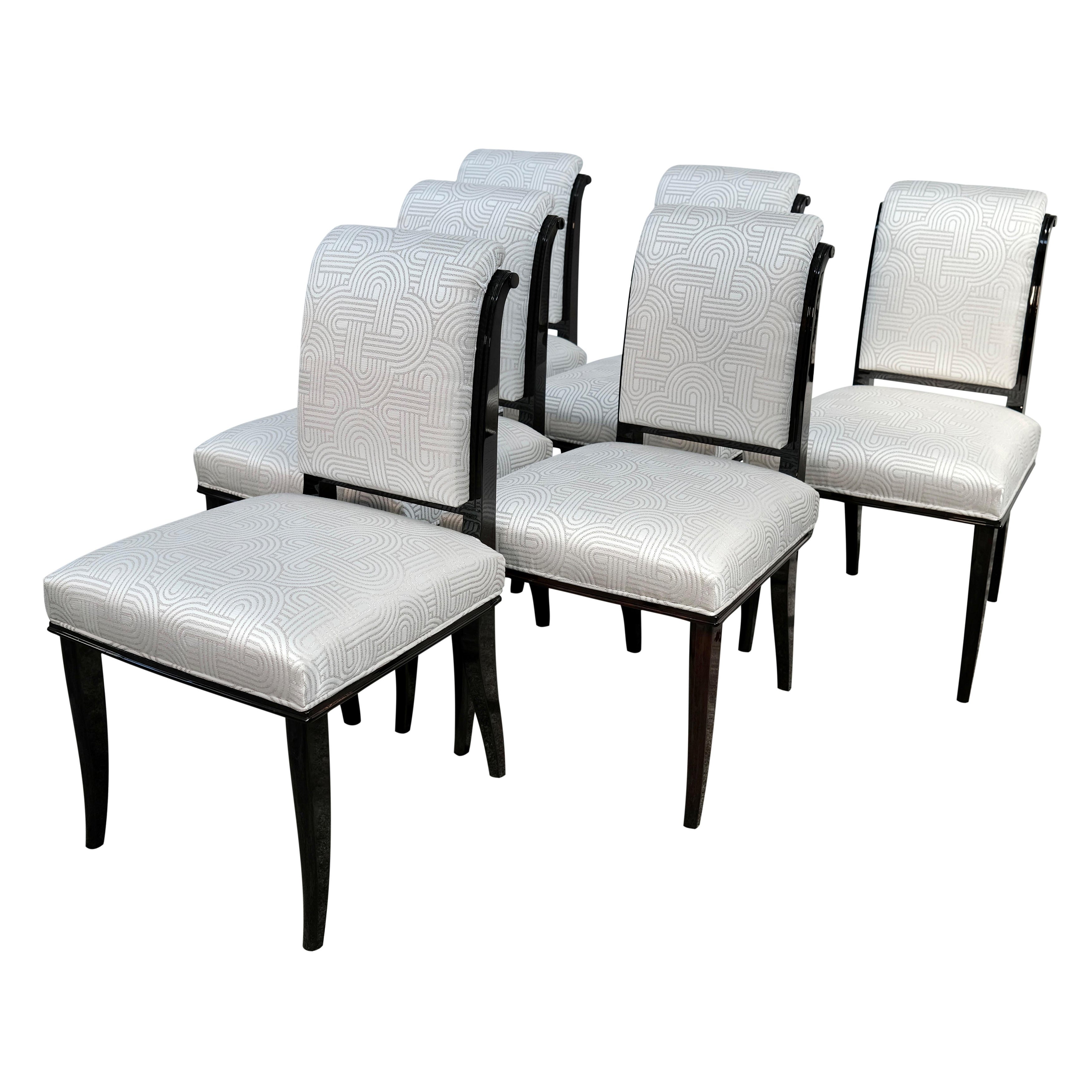 Set di 6 sedie Art Deco francesi, noce, lucido, 1930 circa, completamente restaurate