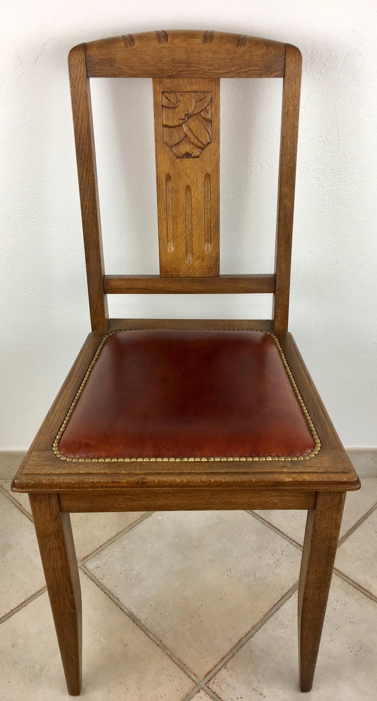 Set of 6 French Art Deco Oak Dining Chairs with Carved Backs at 1stDibs