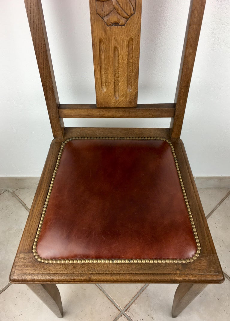 Lot De 6 Chaises Anciennes En Bois Clair, Dossier Sculpté Et Tourné - Occasion