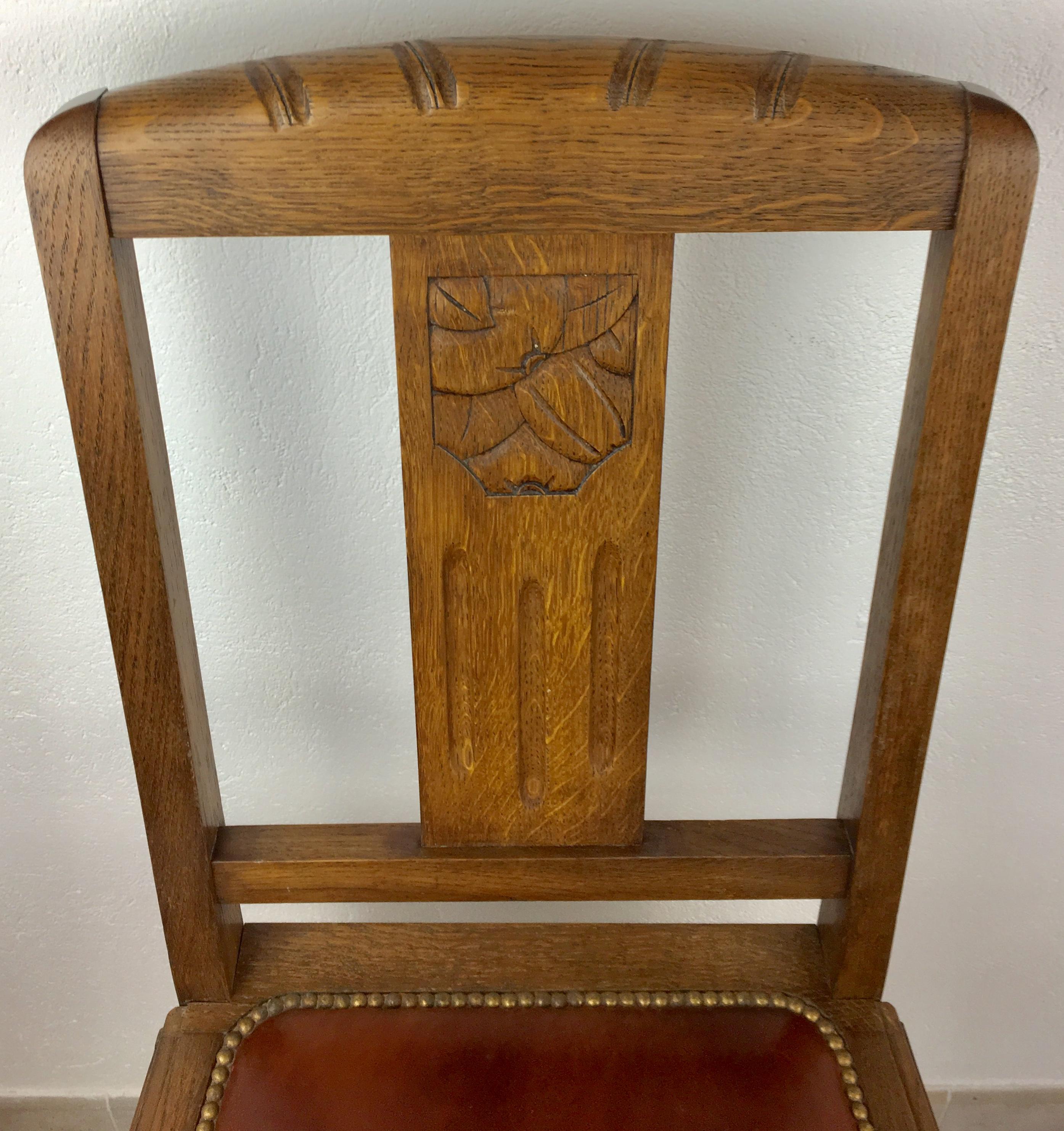 Leather Set of 6 French Art Deco Oak Dining Chairs with Carved Backs
