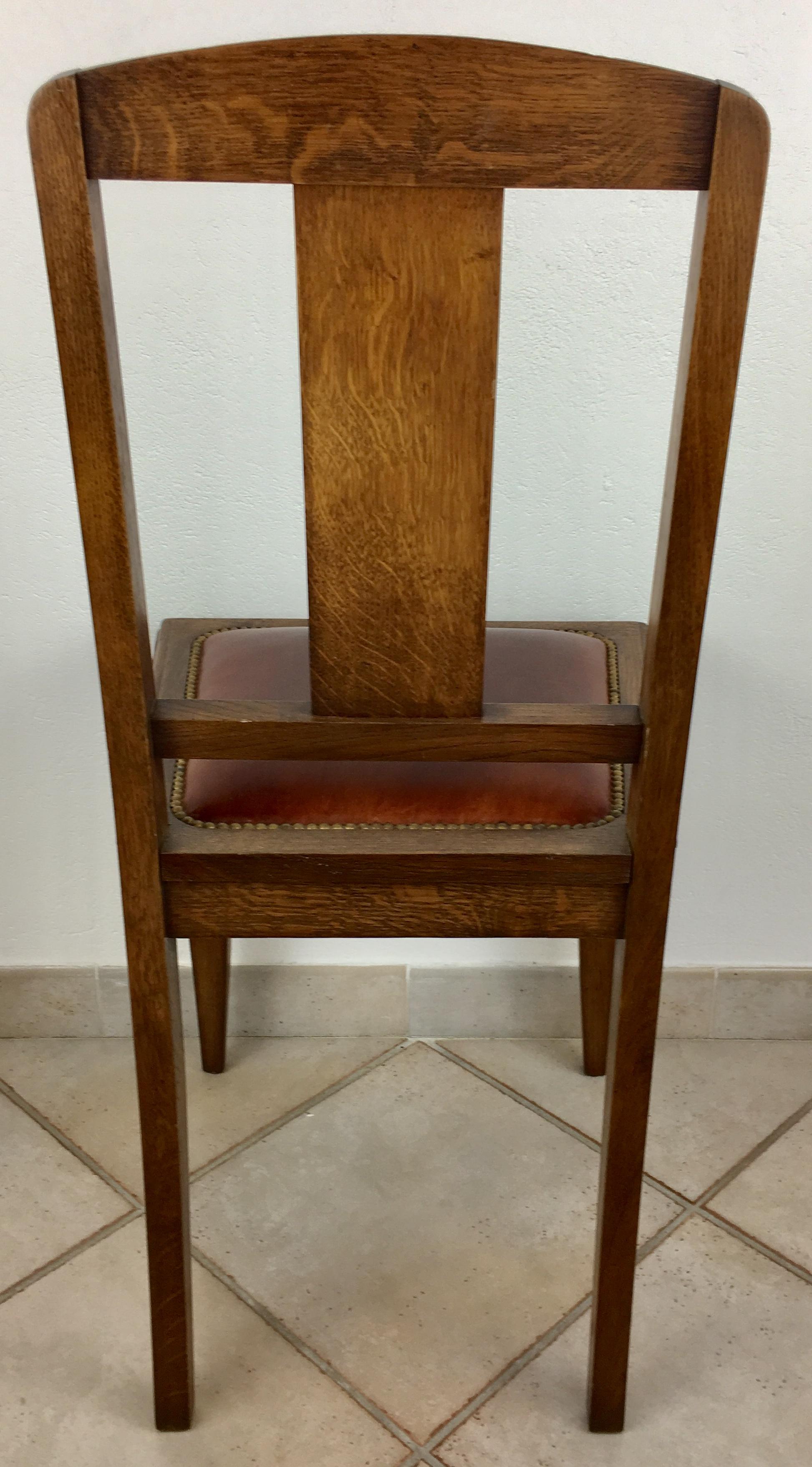 Set of 6 French Art Deco Oak Dining Chairs with Carved Backs 1