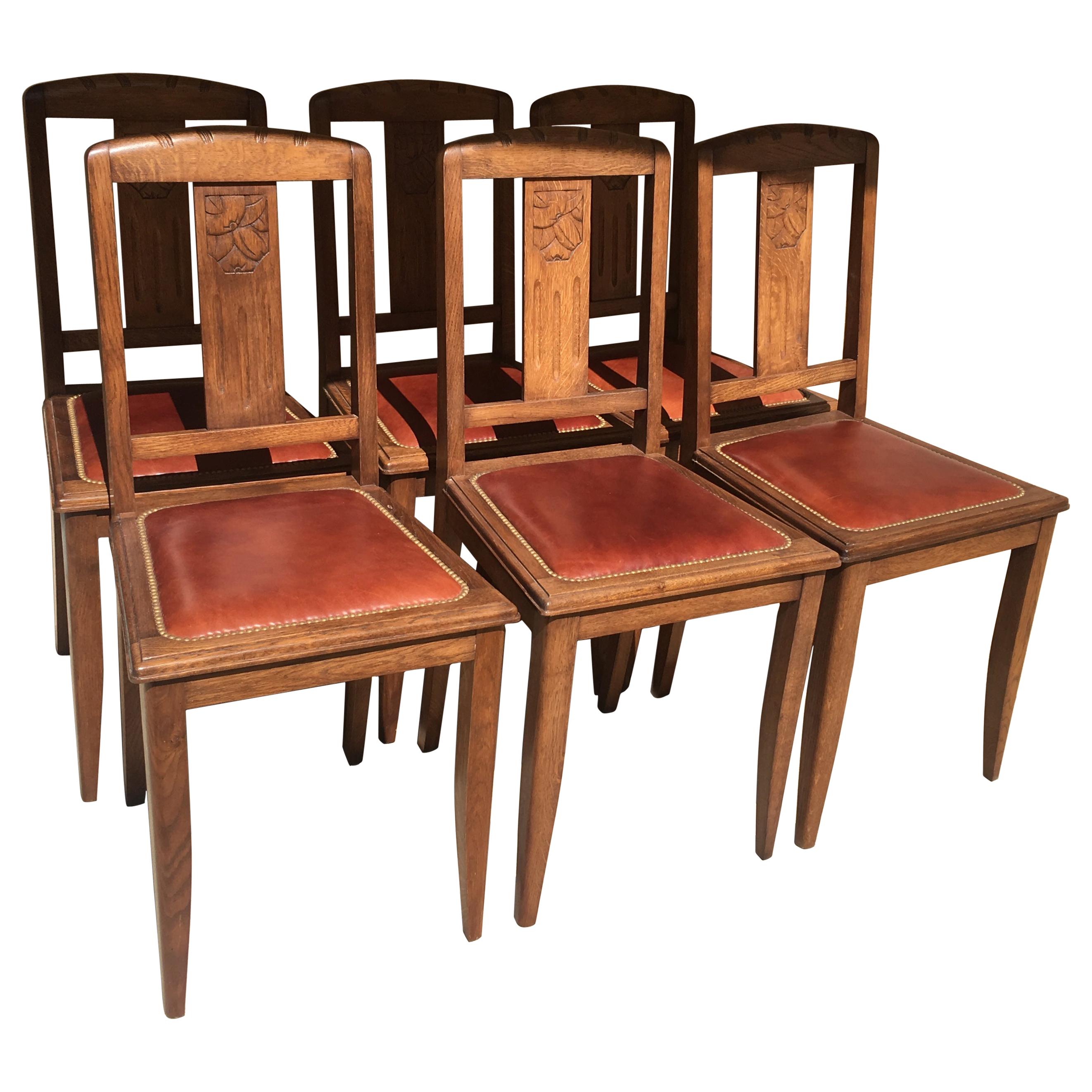 Set of 6 French Art Deco Oak Dining Chairs with Carved Backs