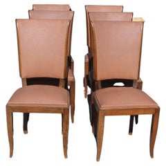 Vintage Set of 6 French Art Deco Jules Leleu style Flared Leg Medium Toned Dining Chairs
