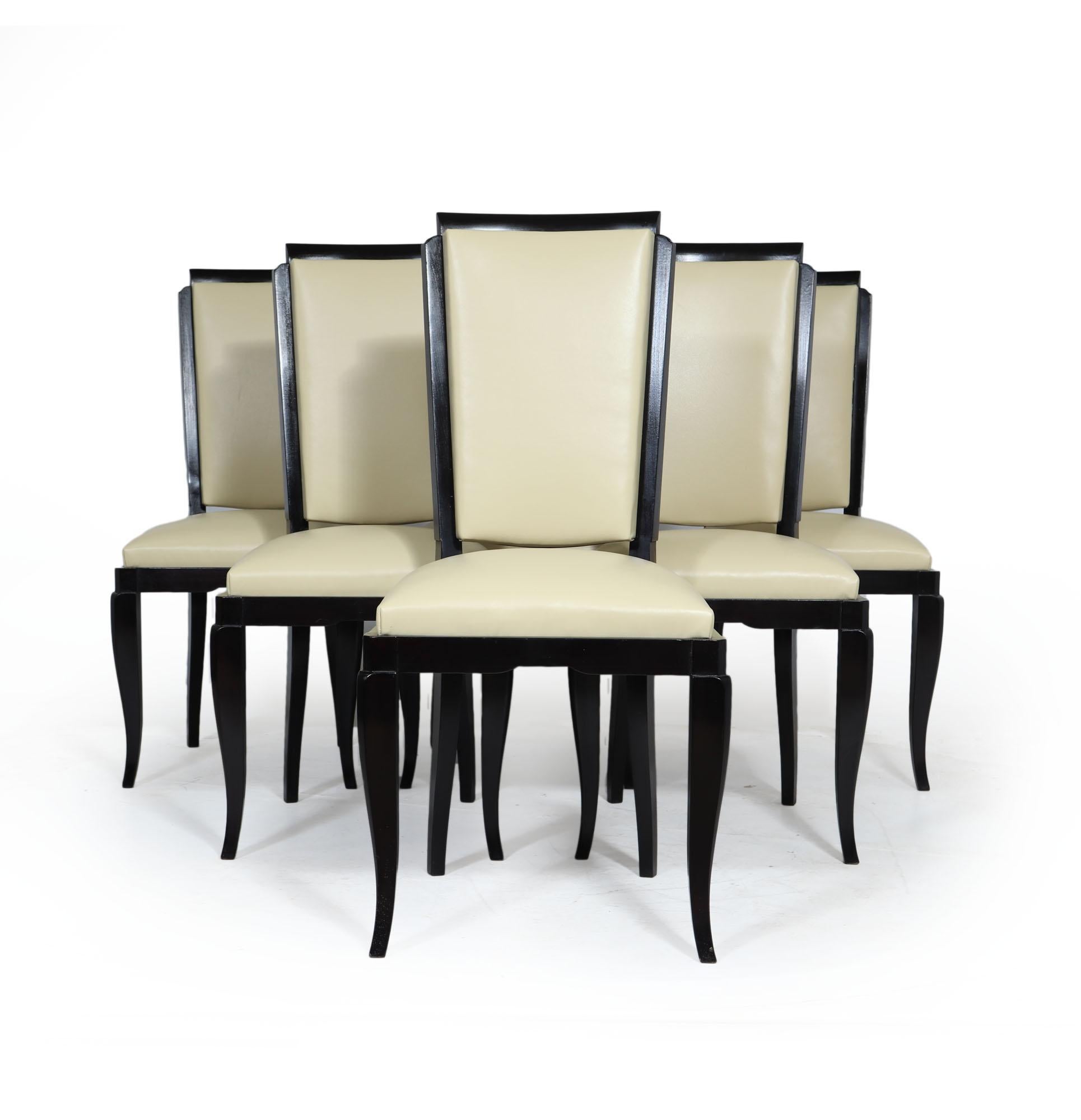 Early 20th Century Set of 6 French Art Deco Leather Dining Chairs