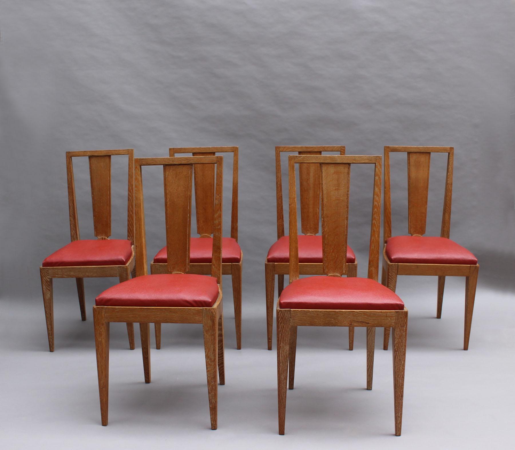 A set of six fine French 1930s cerused oak dining chairs.