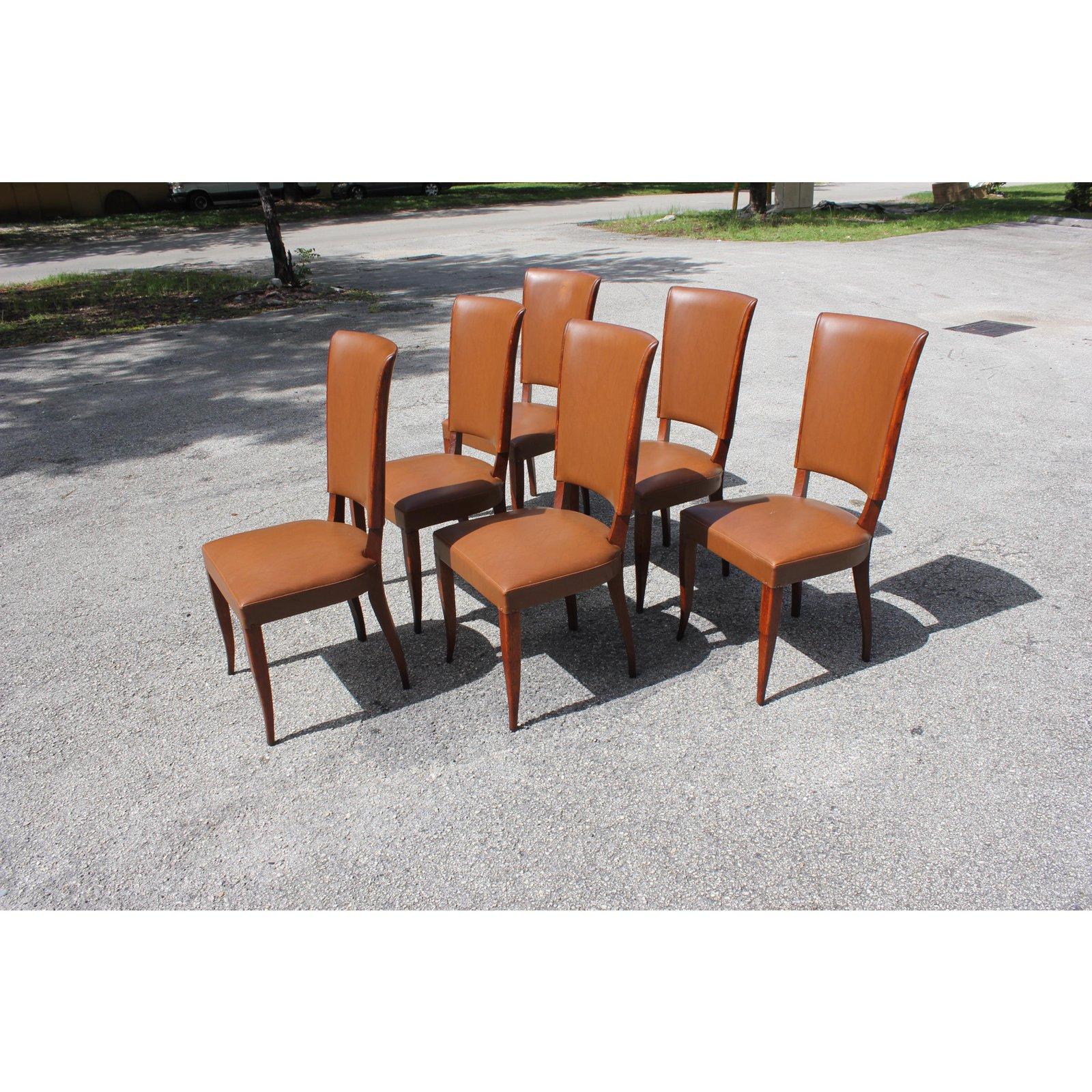 Set of 6 French Art Deco Mahogany Dining Chairs, 1940s In Good Condition In Hialeah, FL