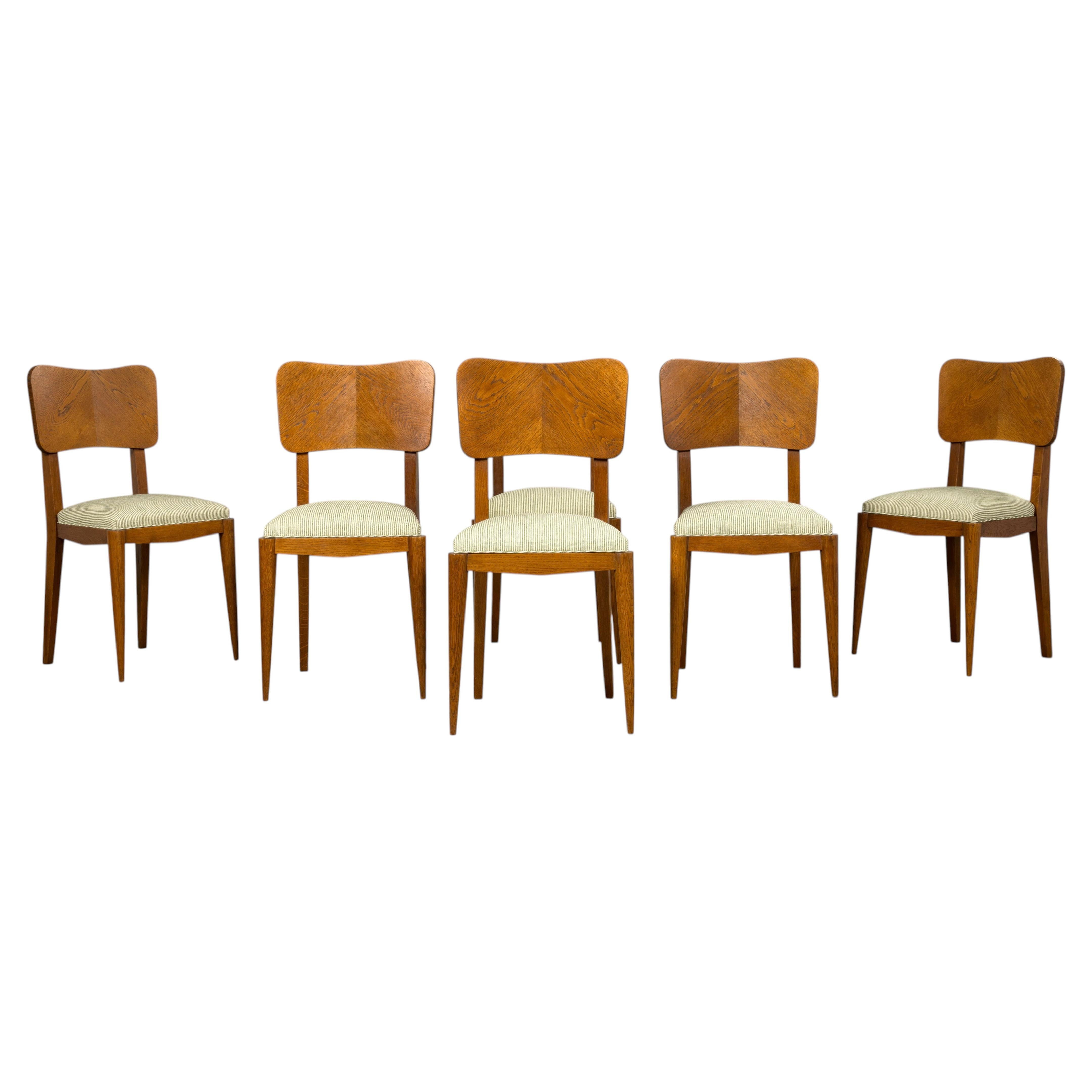 Set of Six French Art Deco Dining Chairs, Oak & Chenille, 1930s