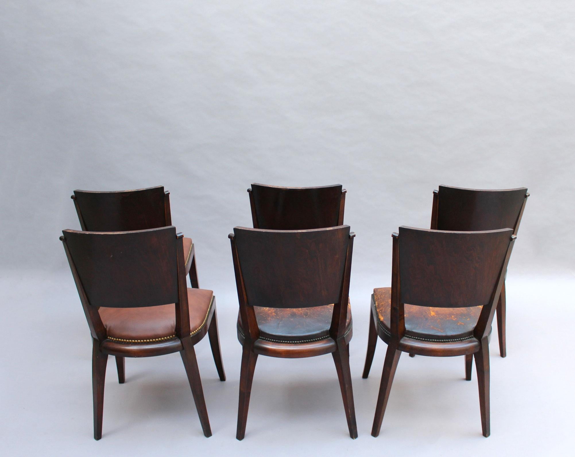 Set of 6 French Art Deco Palissander and Stained Wood Dining Chairs In Good Condition In Long Island City, NY