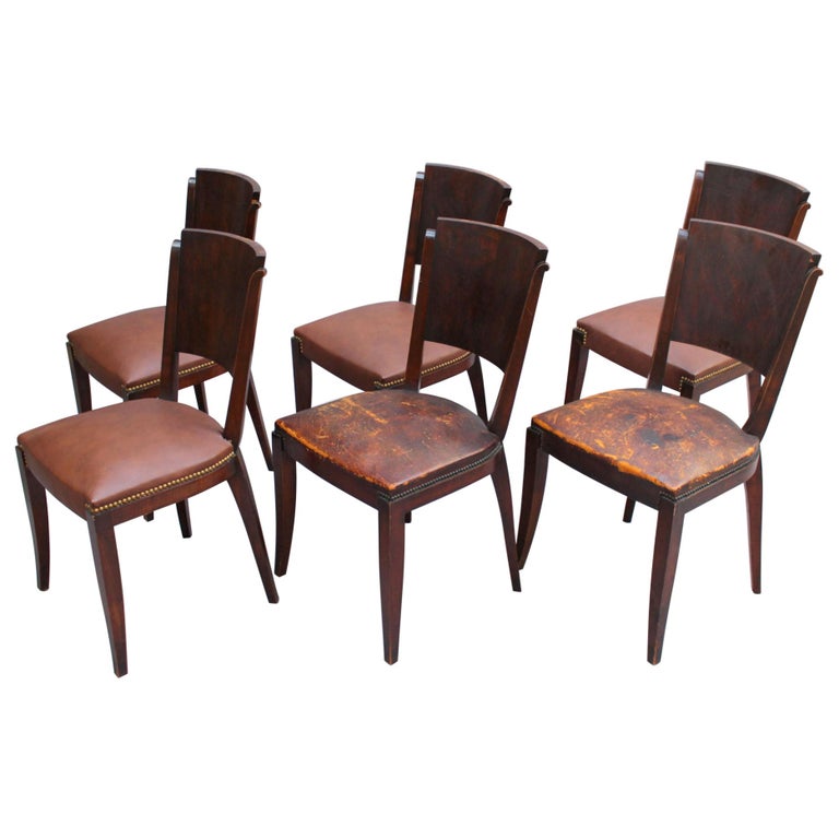 Set of 6 French Art Deco Palissander and Stained Wood Dining Chairs at 1stDibs