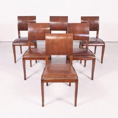 Set di 6 sedie da pranzo in pelle e noce di epoca Art Déco francese