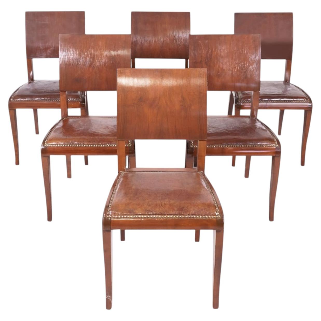Set of 6 French Art Deco Period Leather and Walnut Side Dining Chairs