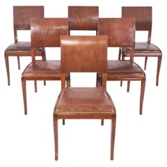 Set di 6 sedie da pranzo in pelle e noce di epoca Art Déco francese