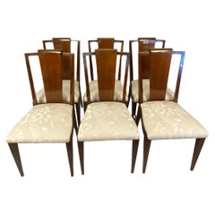 Set of 6 French Art Deco Rosewood Dining Chairs Jules Leleu Style, Beige Fabric