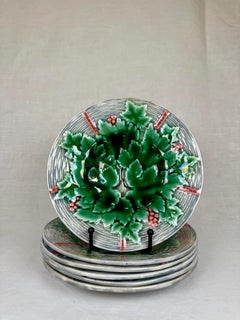 Set of 6 French Barbotine Majolica Plates with Grape and Leaf Motif, 1920s