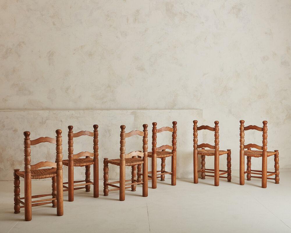 Organic Modern Set of 6 French Beech Wood and Rush Dining Chairs