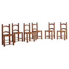 Set of 6 French Beech Wood and Rush Dining Chairs