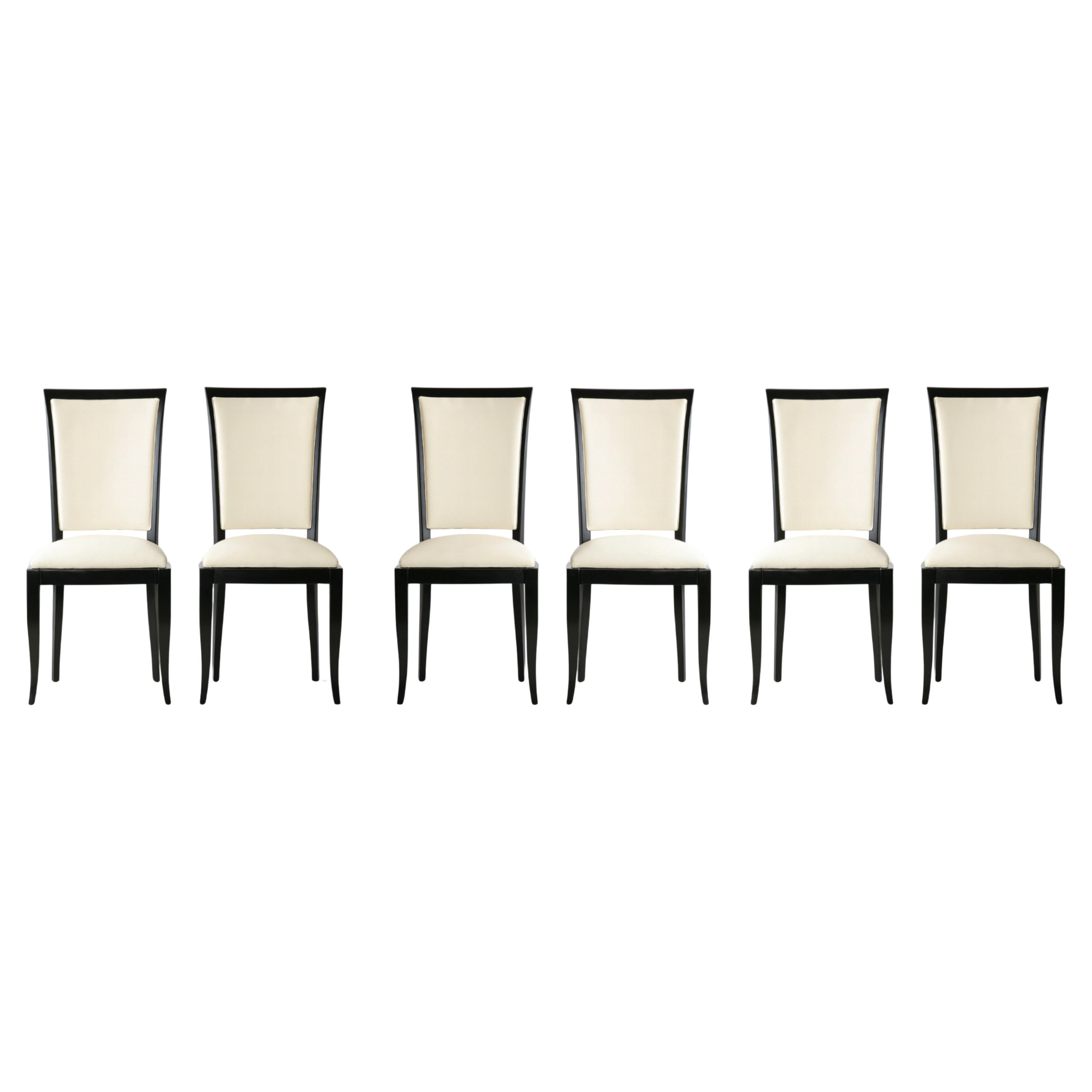 Set of 6 French Black Lacquer Art Deco Dining Chair, 20th Century