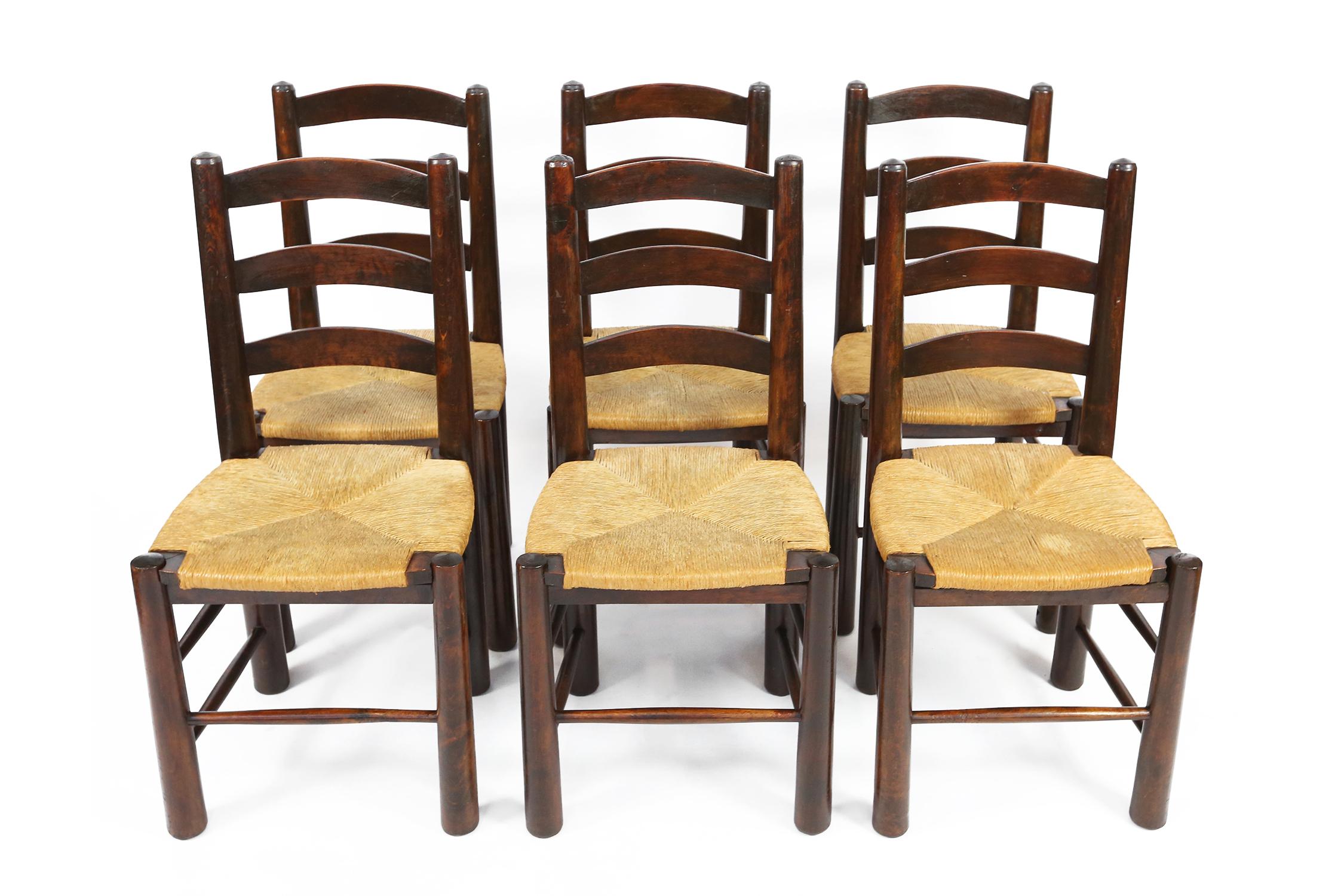 Mid-Century Modern Set of 6 French Chairs by G. Robert in the Style of Dudouyt or Perriand
