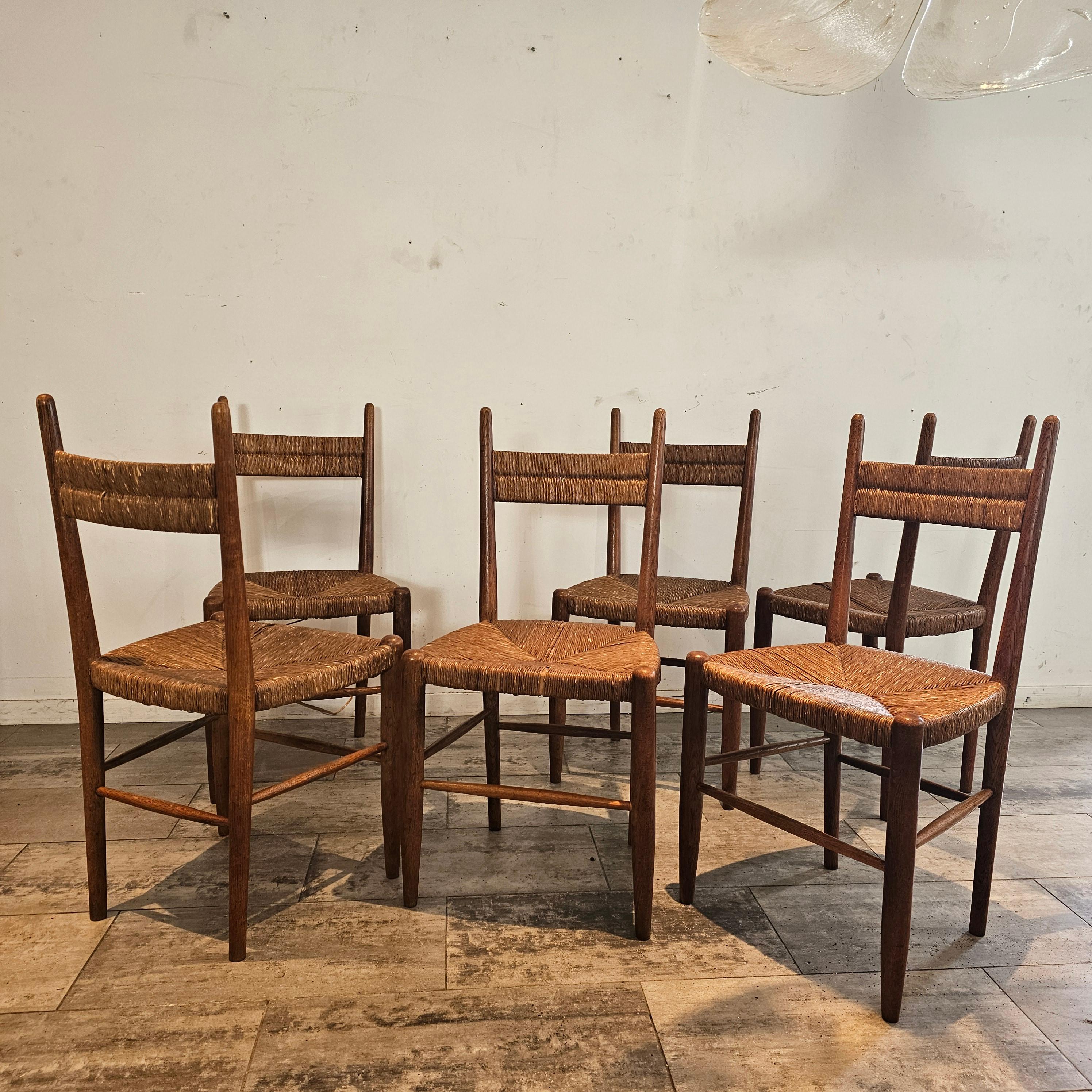 Hand-Woven Set of 6 French Chairs in Teak and straw Woven Seatings For Sale