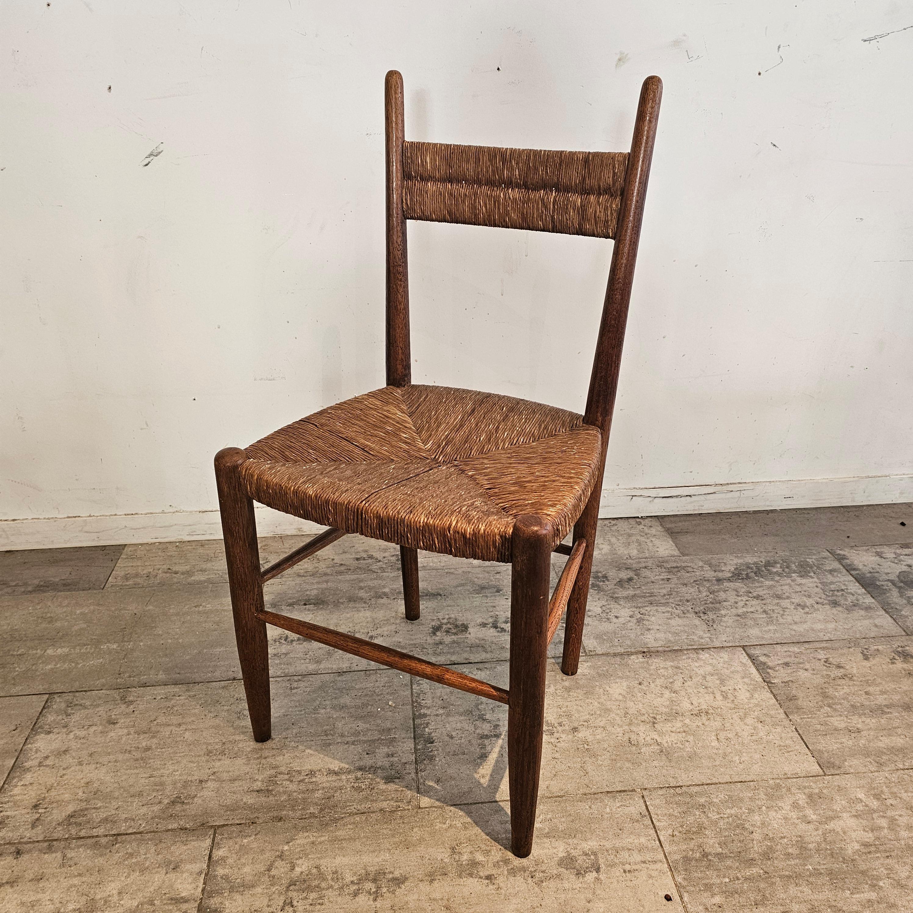 Mid-20th Century Set of 6 French Chairs in Teak and straw Woven Seatings For Sale