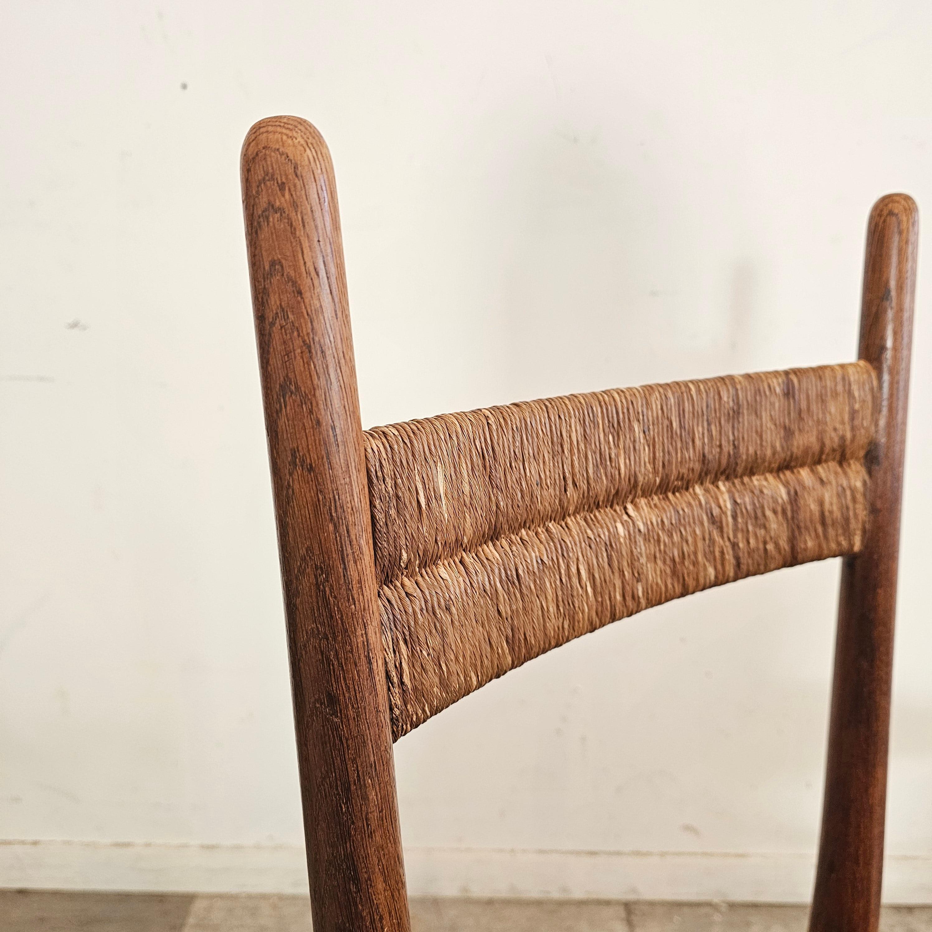 Straw Set of 6 French Chairs in Teak and straw Woven Seatings For Sale