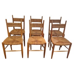 Set aus 6 französischen Stühlen aus Teakholz und geflochtenen Strohsitzen