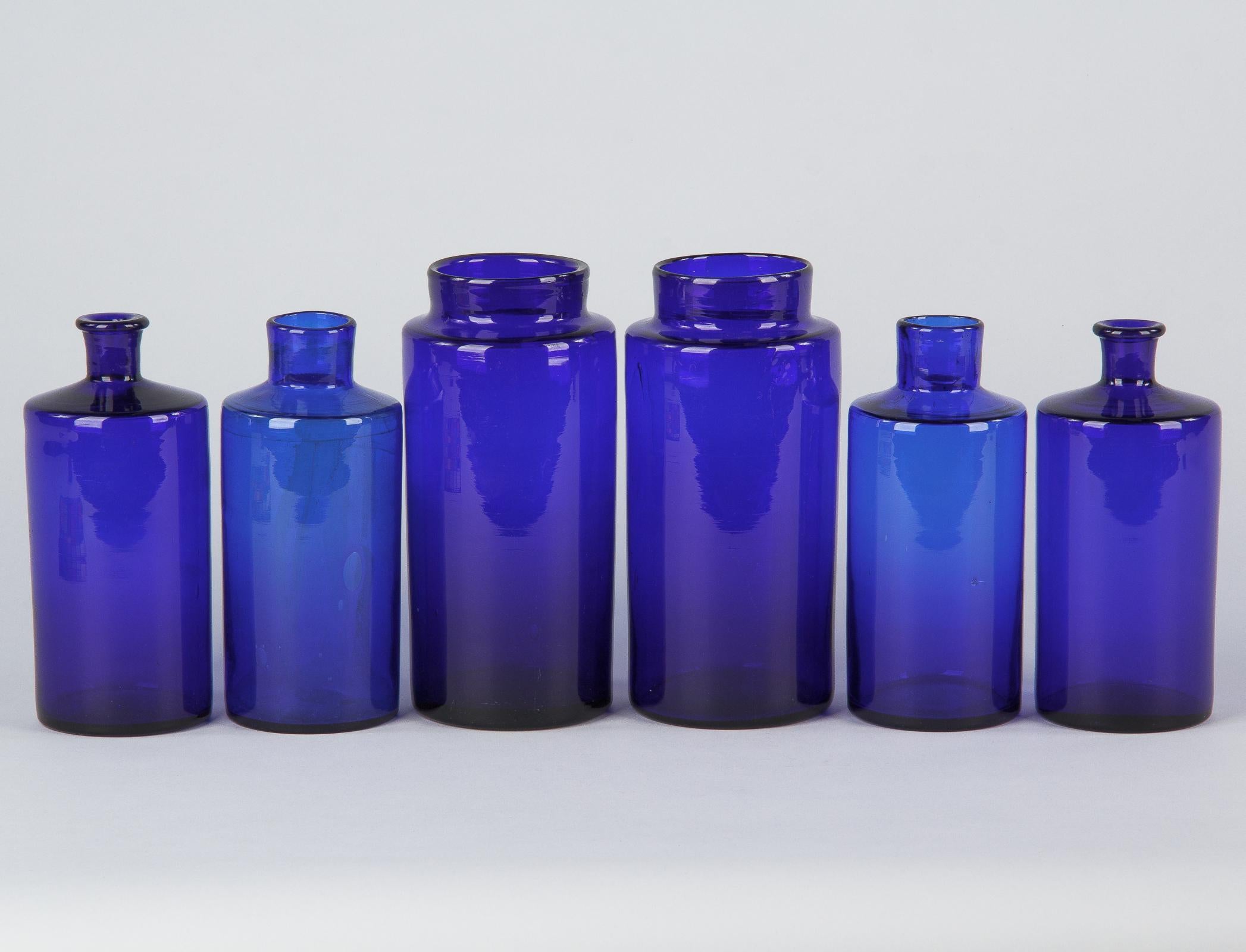 Art Deco Set of 6 French Cobalt Blue Pharmacy Bottles, 1930s