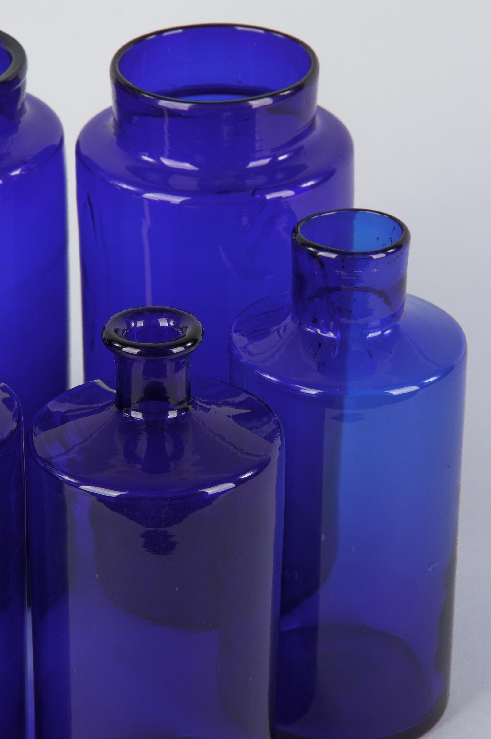 Mid-20th Century Set of 6 French Cobalt Blue Pharmacy Bottles, 1930s