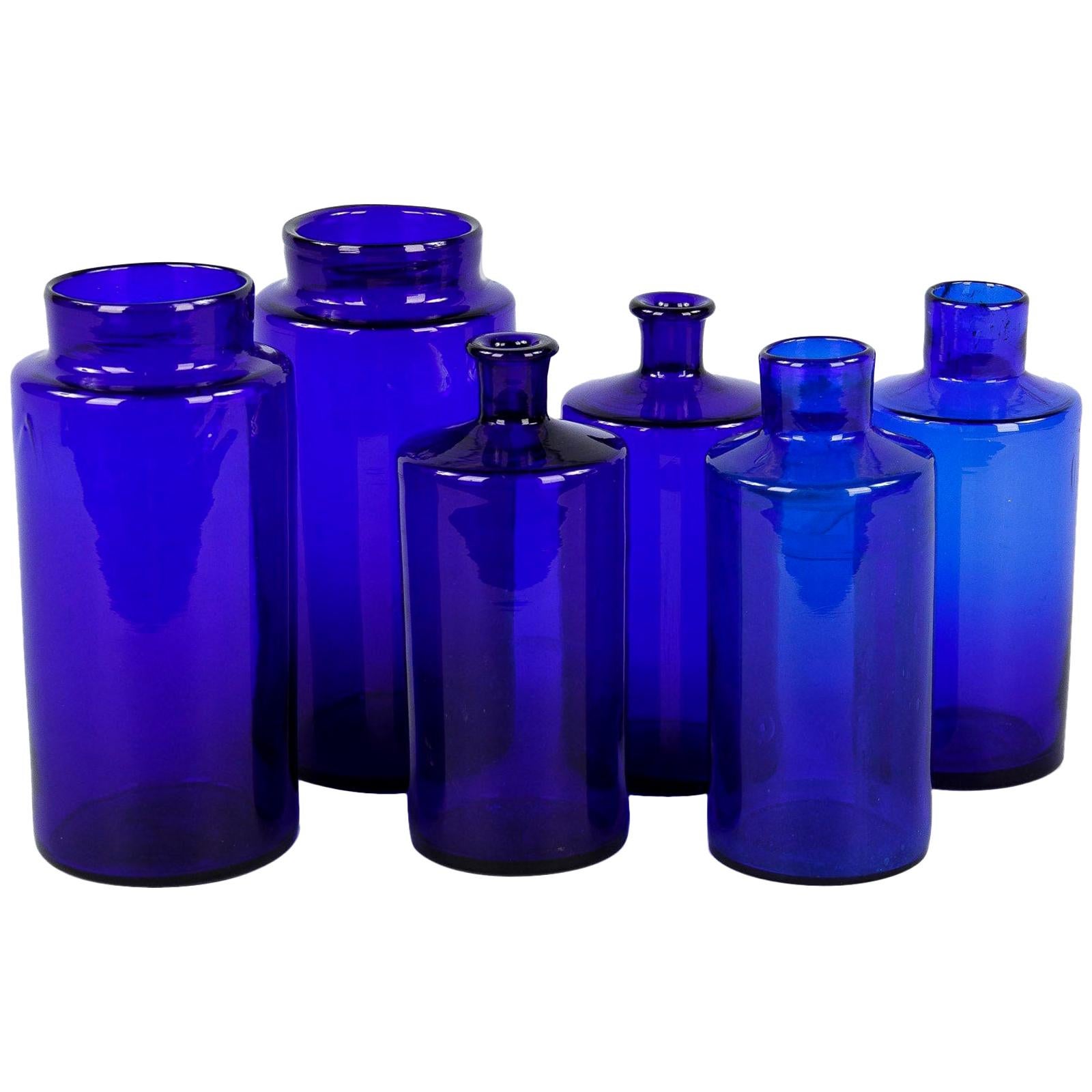 Set of 6 French Cobalt Blue Pharmacy Bottles, 1930s