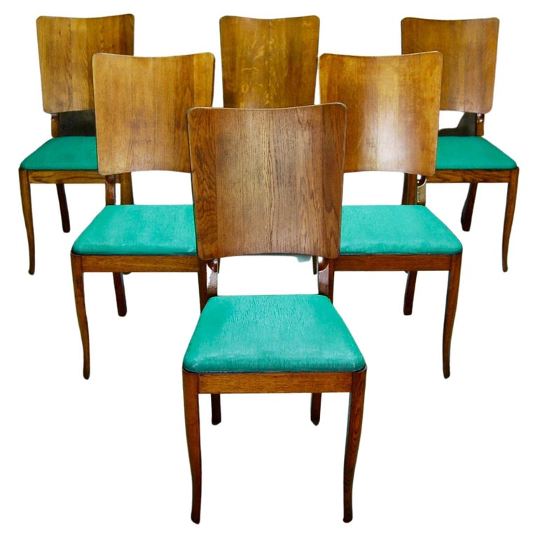 Set of 6 French Dining Chairs in Oak and Faux Leather, 1940s For Sale