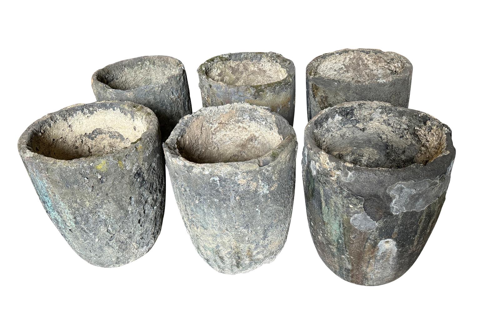 A terrific set of 6 early 20th century Creuzet - Foundry Pots from France.  Fabulous patina.  Wonderful as jardinieres or planters. Perfect for any interior or garden.  A crucible was made from a material with a much higher melting point than what
