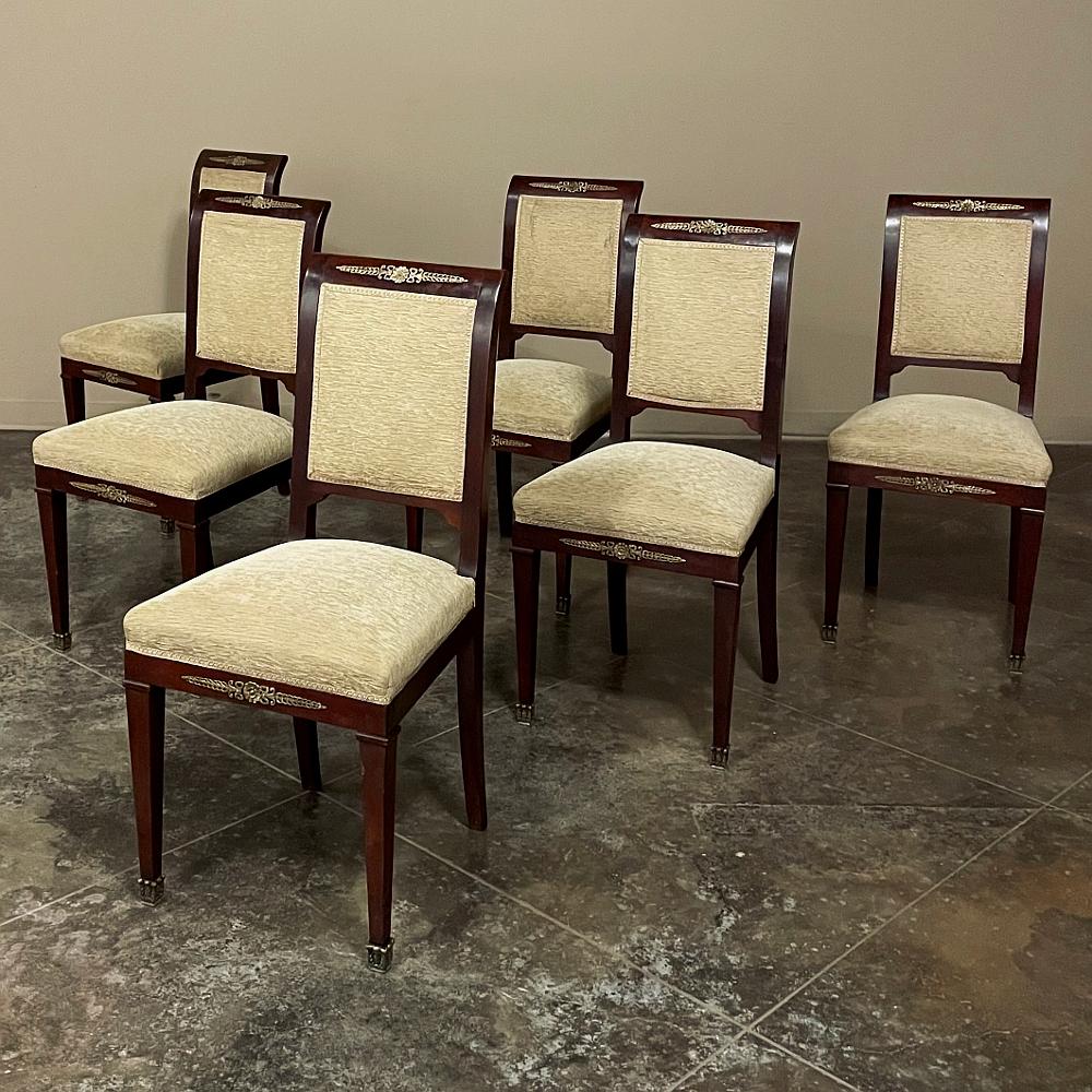 Hand-Crafted Set of 6 French Empire Dining Chairs in Mahogany with Bronze Mounts For Sale