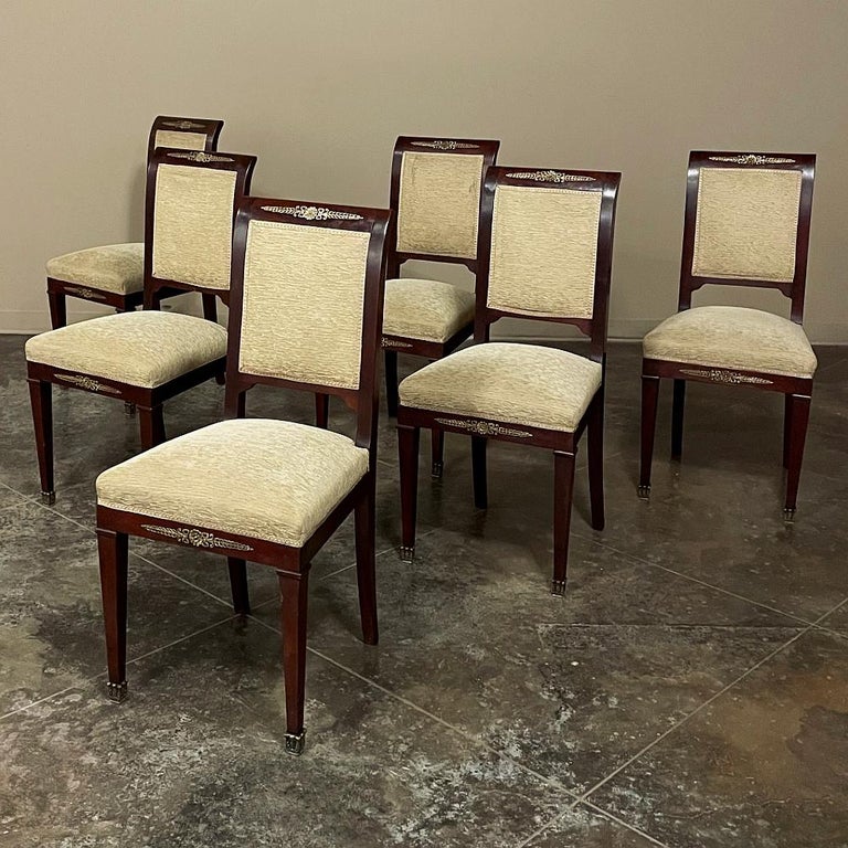 Set of 6 French Empire Dining Chairs in Mahogany with Bronze Mounts For