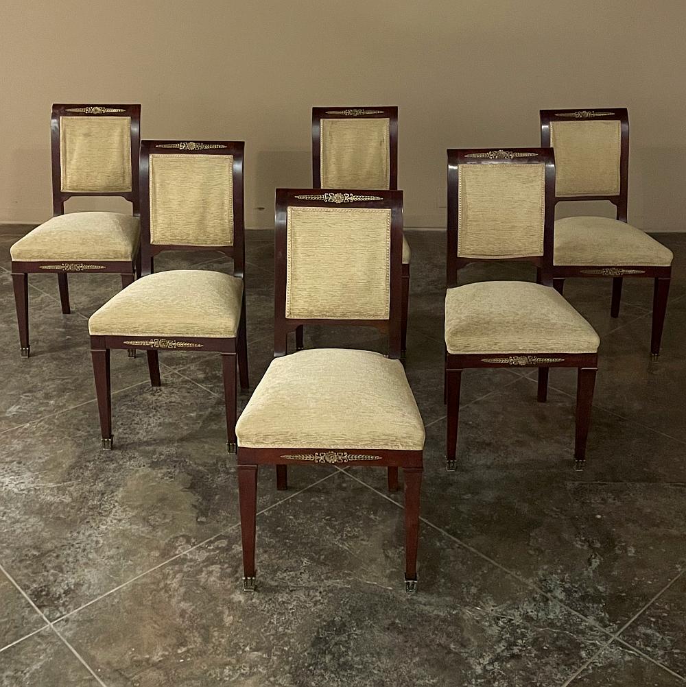 Set of 6 French Empire Dining Chairs in Mahogany with Bronze Mounts In Good Condition For Sale In Dallas, TX