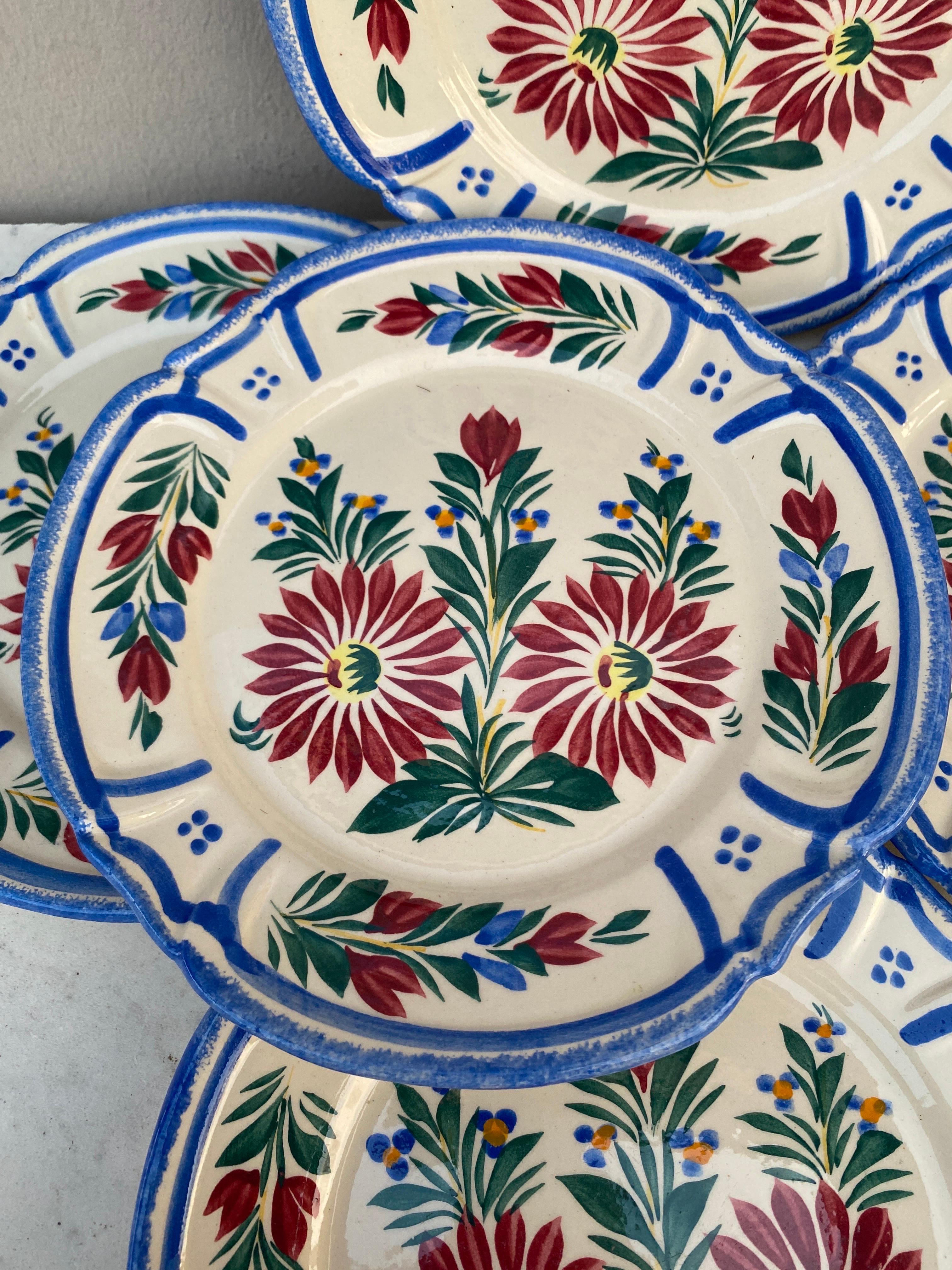 Rustic Set of 6 French Faience Floral Plates Quimper Circa 1930 For Sale