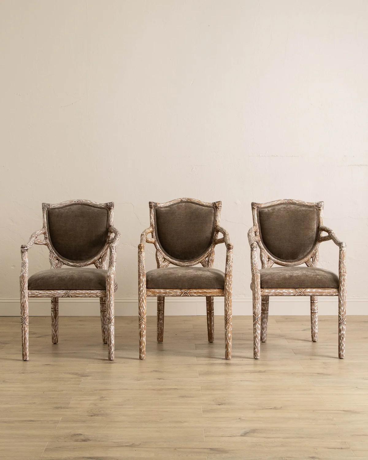 Satz von 6 Französisch Faux Bois Holz Sessel W / Taupe Chenille (Ende des 20. Jahrhunderts) im Angebot
