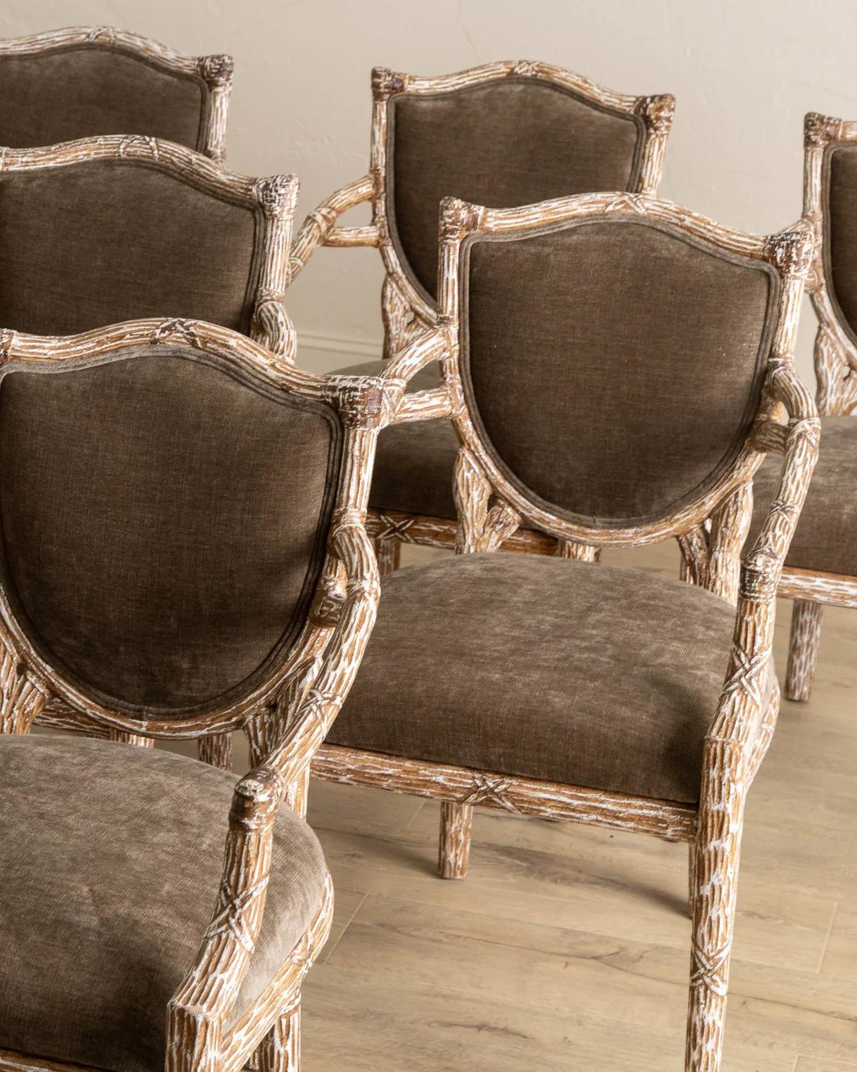 Satz von 6 Französisch Faux Bois Holz Sessel W / Taupe Chenille im Angebot 3