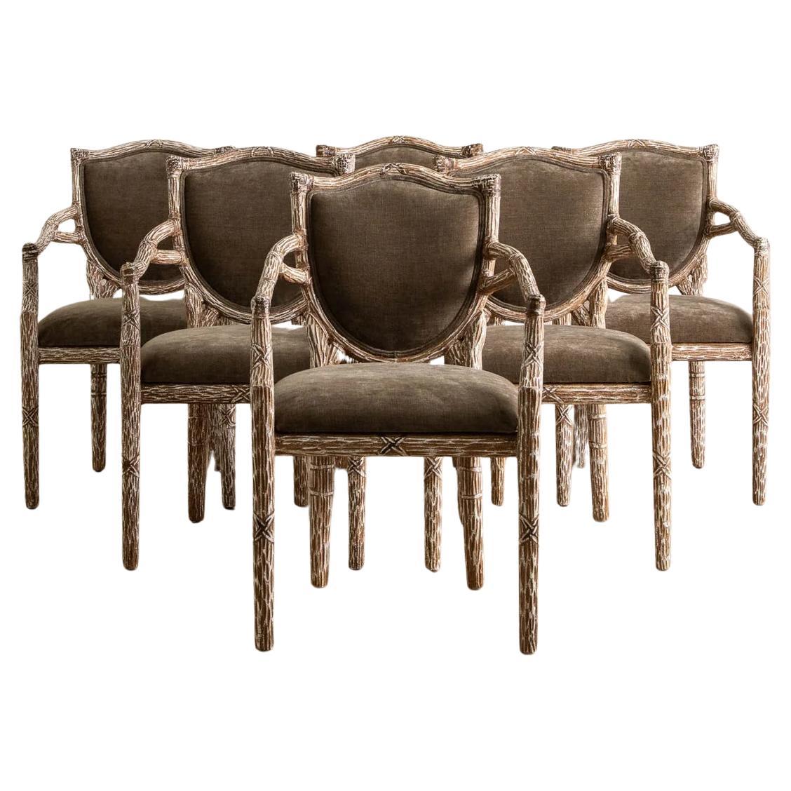 Satz von 6 Französisch Faux Bois Holz Sessel W / Taupe Chenille im Angebot