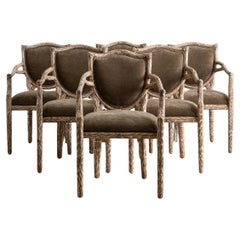 Satz von 6 Französisch Faux Bois Holz Sessel W / Taupe Chenille