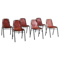 Set of 6 French 'Les Arcs' Cognac Leather Chairs with Black Metal Frames, 1970s