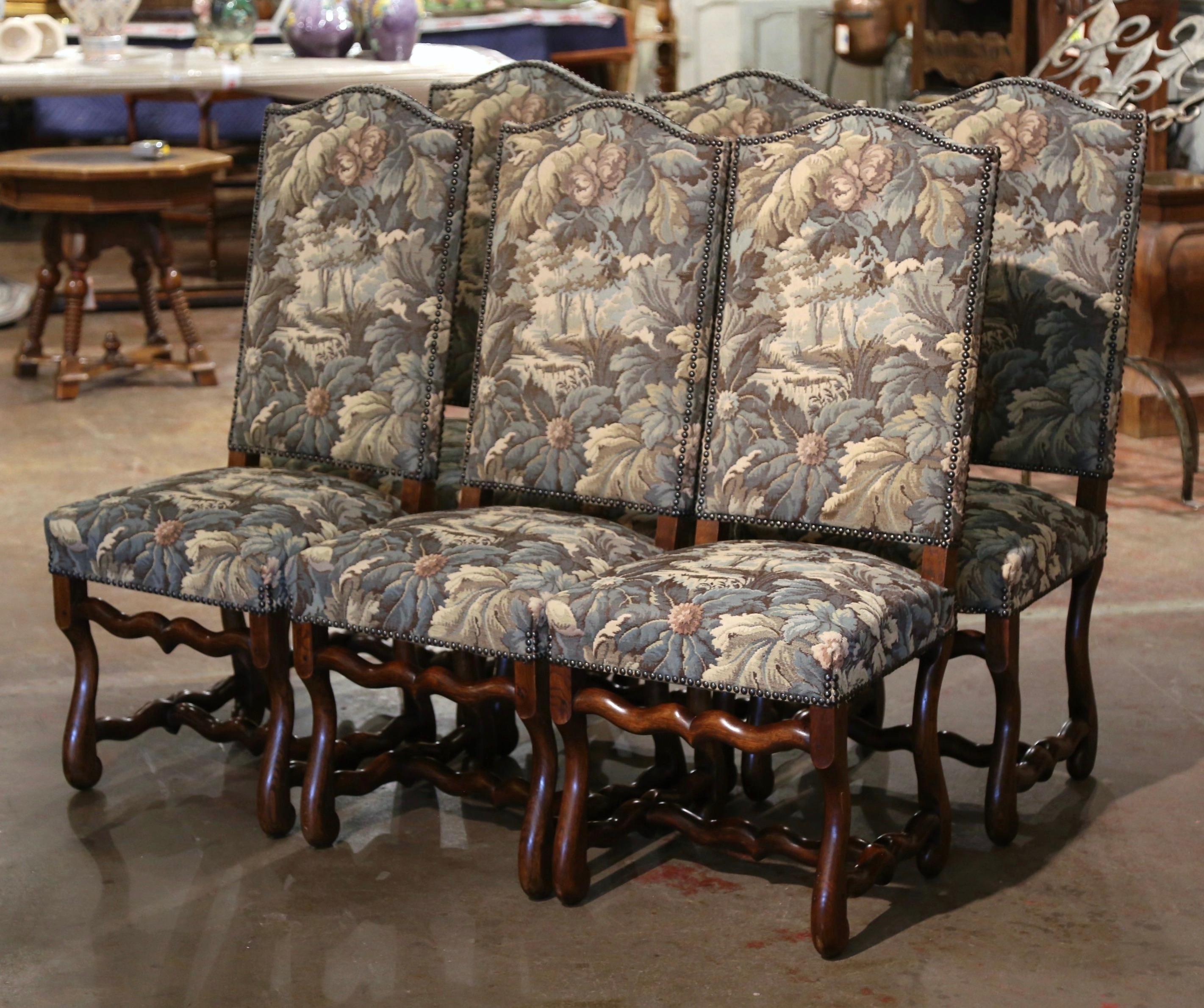 20th Century Set of 6 French Louis XIII Carved Sheep Bone Dining Chairs with Tapestry